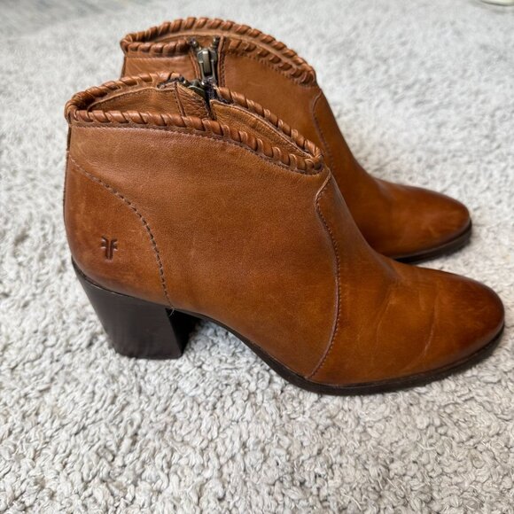 Frye Nora Whipstitch Brown Leather Bootie Ankle Boots Side Zip Womens 7 - Picture 1 of 9